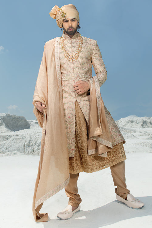 Brown Golden Raw Silk Layered Mughal Style Sherwani For Men