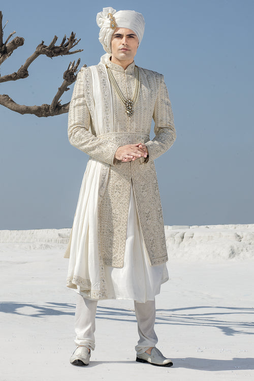 Ivory White Machine Embroidered Sherwani Set In Silk For Men