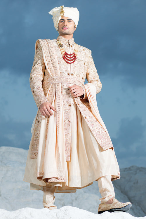 Off White Embroiderd Sherwani For Wedding Men
