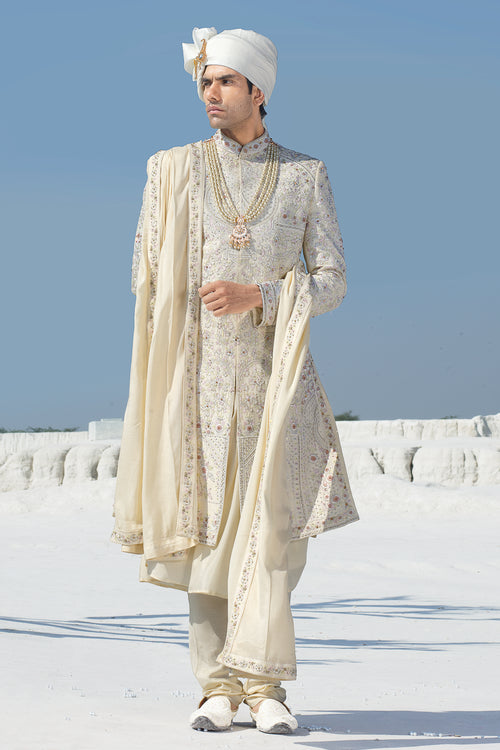 Cream Color Wedding Wear Thread Work Anarkali Sherwani In For Men