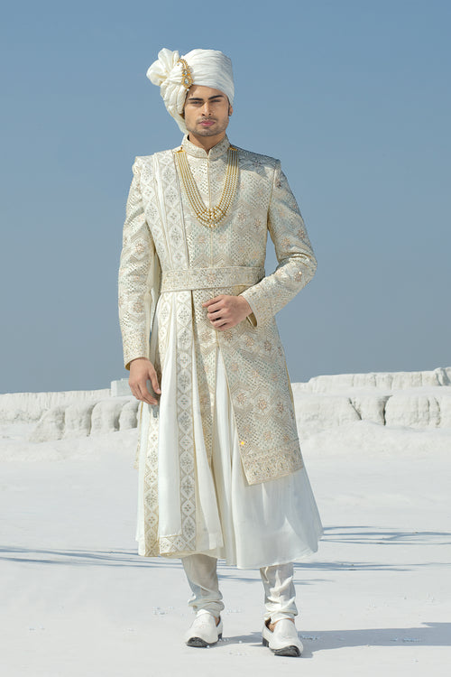 Pearl White Silk Sherwani Set With Exquisite Zari And Embroidery For Men
