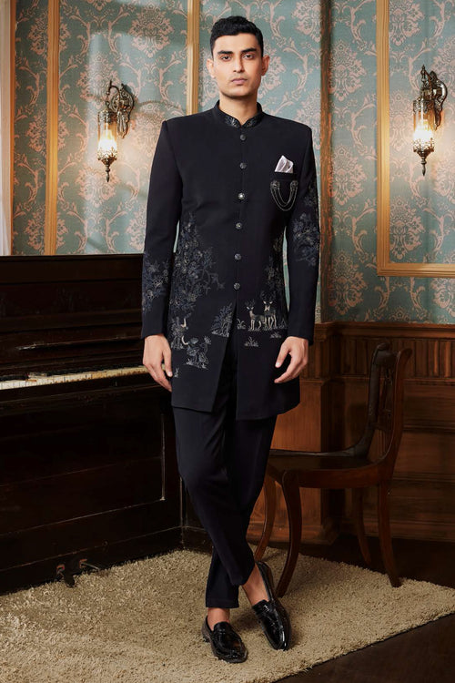 Black Ethnic Style Navy Blue Indowestern In Raw Silk Set For Mens