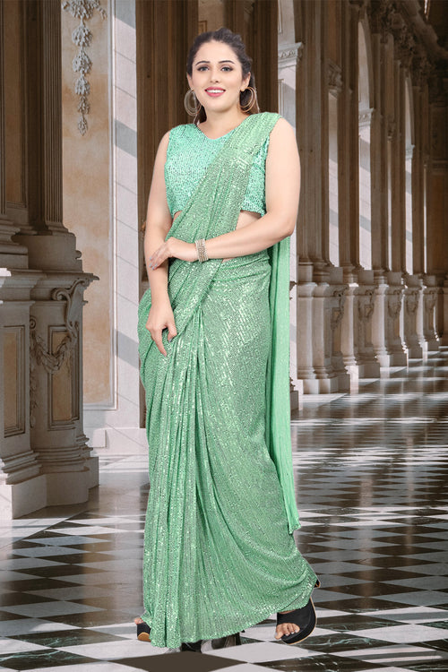 Lime Green Ready Pleated Sequins Lycra Saree With Ruching And Matching Strappy Blouse