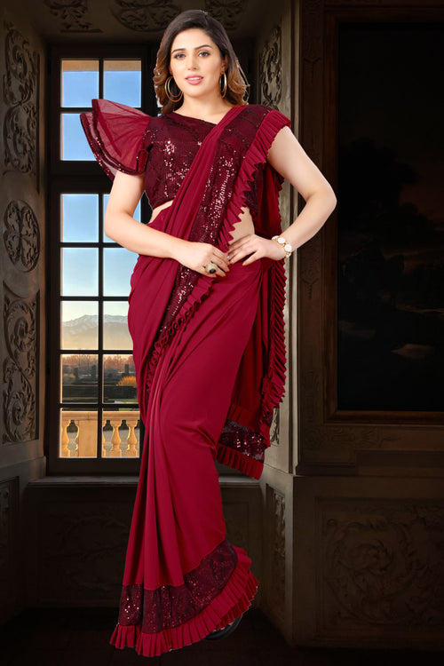 Maroon Ready Pleated Lycra Saree With Bell Sleeves Crop Top In Sequins Embroidery