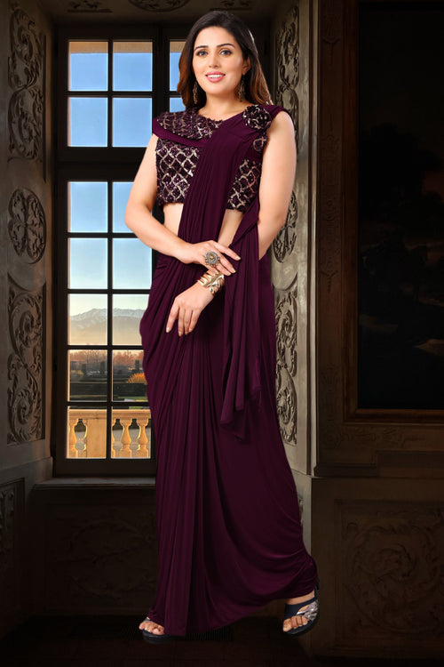 Dark Purple Ready Pleated Saree In Sequins Embroidery with Crop Top Sequins Blouse