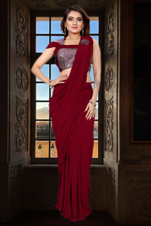 Cranberry Maroon Ready-Pleated Saree with Lycra