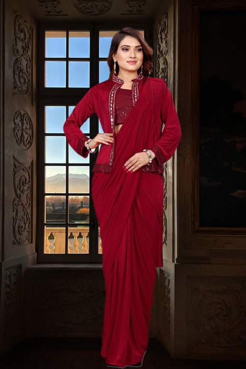 Blood Red Ready-Pleated Saree with Lycra