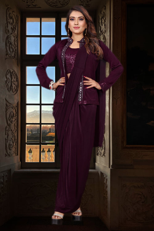 Hollyhock Purple Ready-Pleated Saree with Lycra