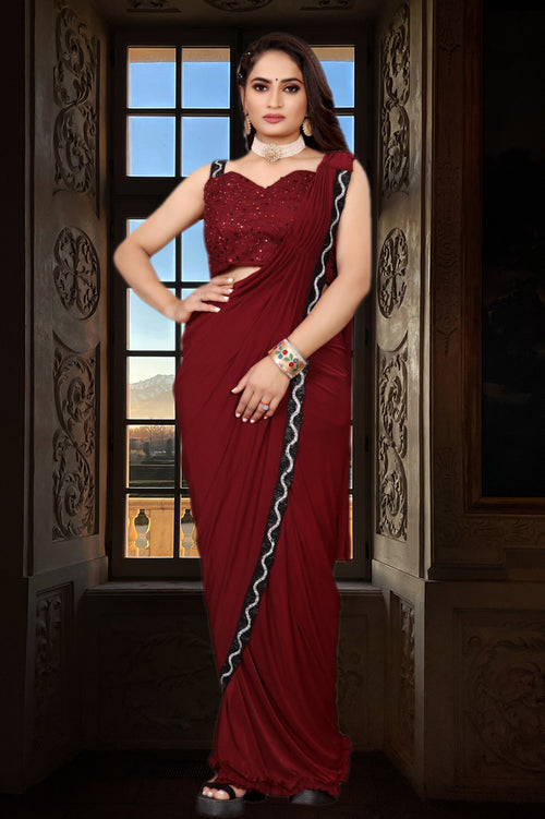 Maroon Ready-Pleated Saree with Lycra