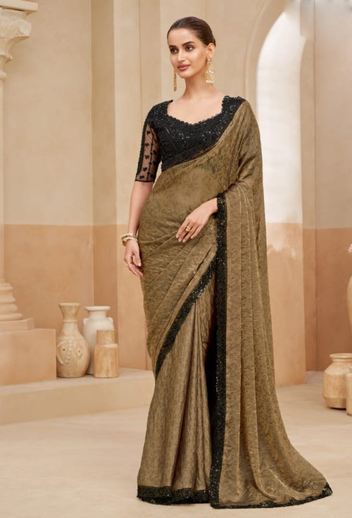 Beige Embroidered Georgette Two Tone Shimmer Party Style Saree