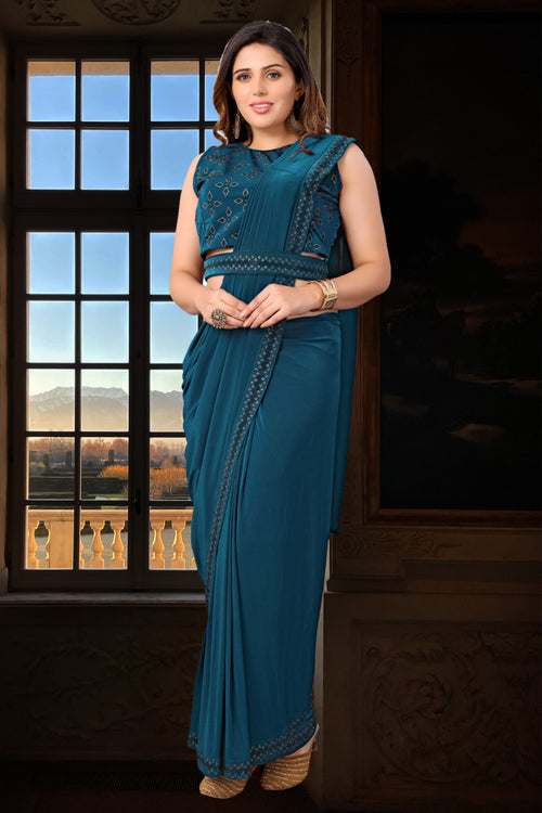 Teal Blue Embroidered Ready-Pleated Lycra Saree In Crop Top Blouse