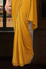 Amber Yellow Embroidered Ready-Pleated Lycra Saree In Crop Top Blouse