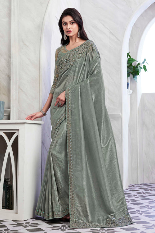 Sea Green Shimmering Embroidered Silk Saree