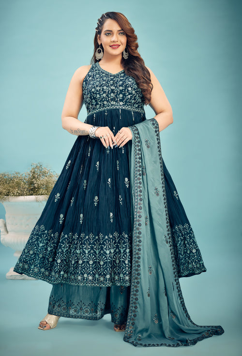Rama Blue & Green Festive Wear Georgette Embroidered Palazzo Set
