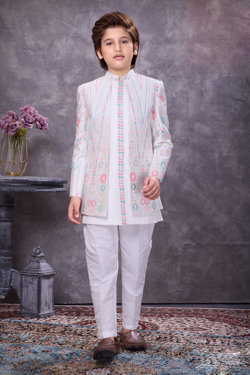Cream Thread Floral Embroidered Indowestern Set For Wedding