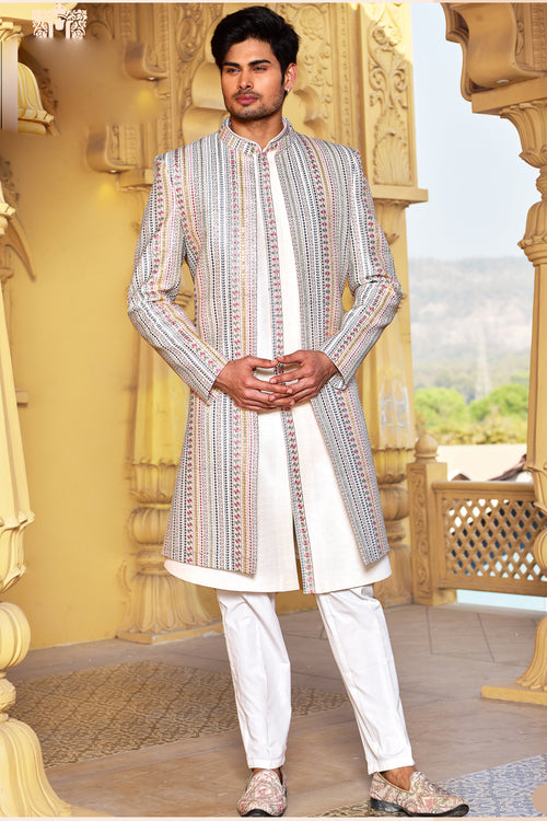 Cream White Festive Wear Embroidered Indo-Western Set For Mens