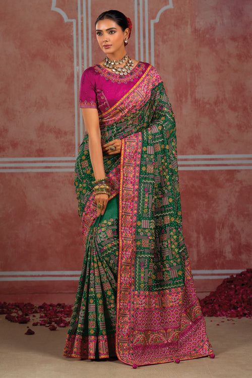 Dark Green Banaras Silk Saree with Pure Kachhi Work & Diamond & Mirror Heavy Work