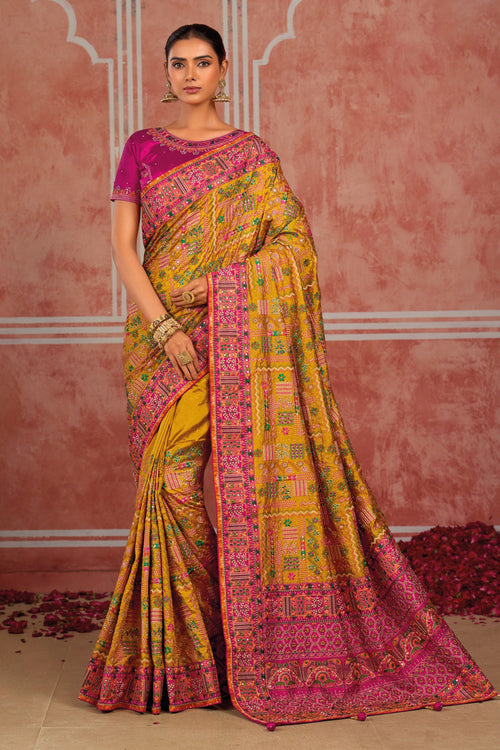 Mustard Banaras Silk Saree with Pure Kachhi Work & Diamond & Mirror Heavy Work
