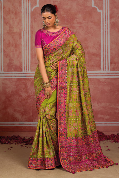 Light Green Banaras Silk Saree with Pure Kachhi Work & Diamond & Mirror Heavy Work