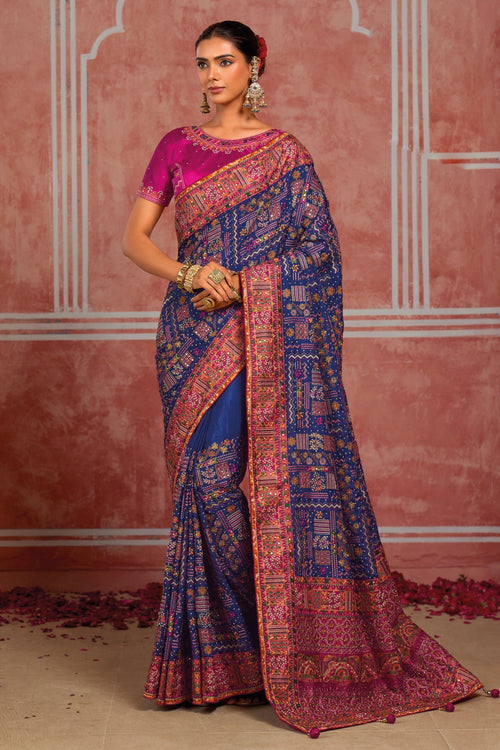 Royal Blue Banaras Silk Saree with Pure Kachhi Work & Diamond & Mirror Heavy Work