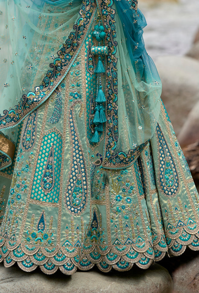 Organza Turquoise  Embroidered Lehenga Choli