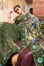 Olive Green Imported & Net Saree With Blouse Piece