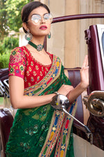 Pine Green Digital Net Saree With Heavy Embroidery Blouse Piece