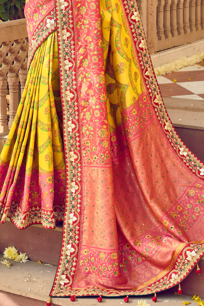 Amber Yellow Patan Patola Pure Silk Bandhani Saree With Red Embroidered Border Latkan Pallu And Embroidered Blouse Piece