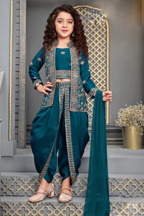 Teal Blue Classy Embroidered Kurti With Jacket Dhoti Style Pant Set For Girls
