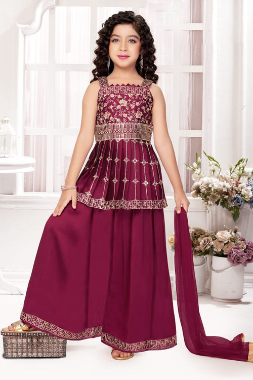 Rani Festive Wear Thread Embroidered Palazzo Suit With Dupatta For Girls