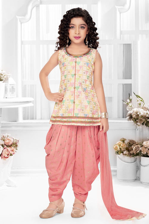 Cream With Peach Printed Regular Thread Work Kurti with Dhoti Pants & Dupatta For Girls