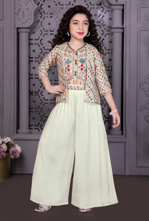 Off White Classy Embroidered Top with Jacket, Palazzo & Dupatta Set for Girl