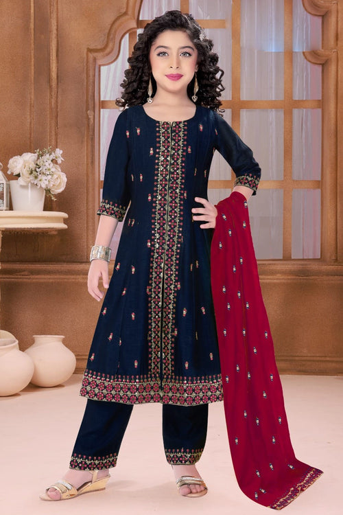 Navy Blue Silk Anarkali Suit With Dupatta