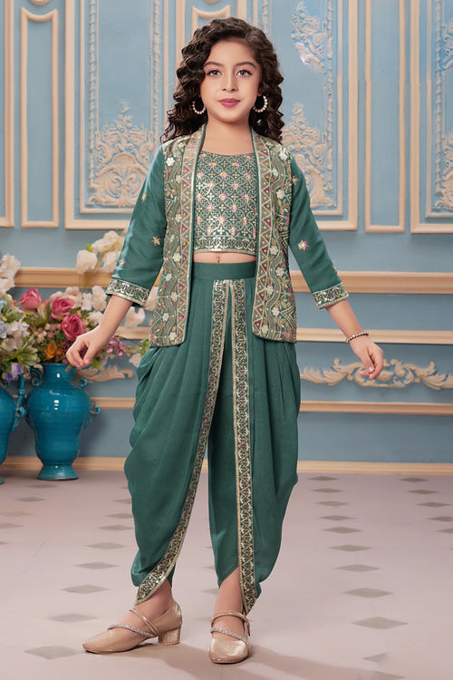 Green Embroidered Kurti with Jacket, Dhoti Style Pant Set For Girls