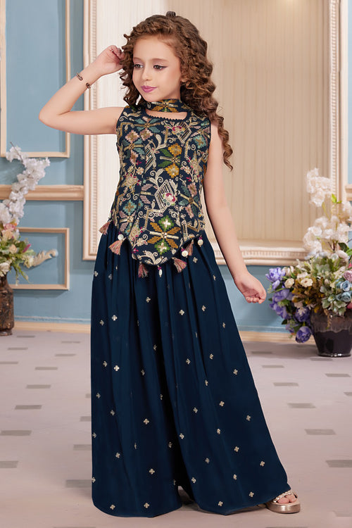 Navy Blue Elegant Color Chiffon Embroidered Palazzo Set For Girls
