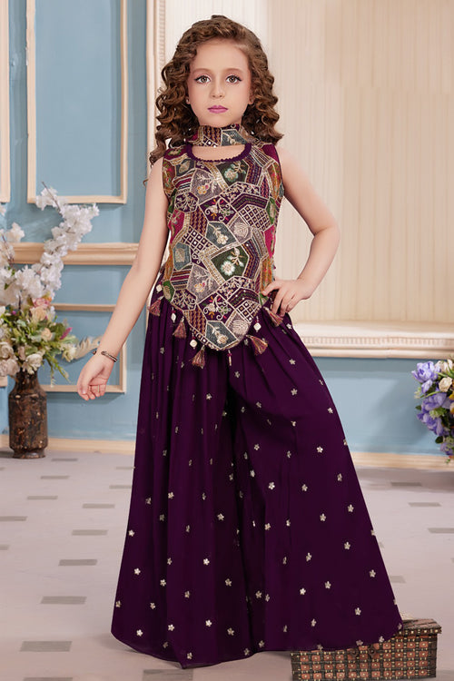 Wine Elegant Color Chiffon Embroidered Palazzo Set For Girls