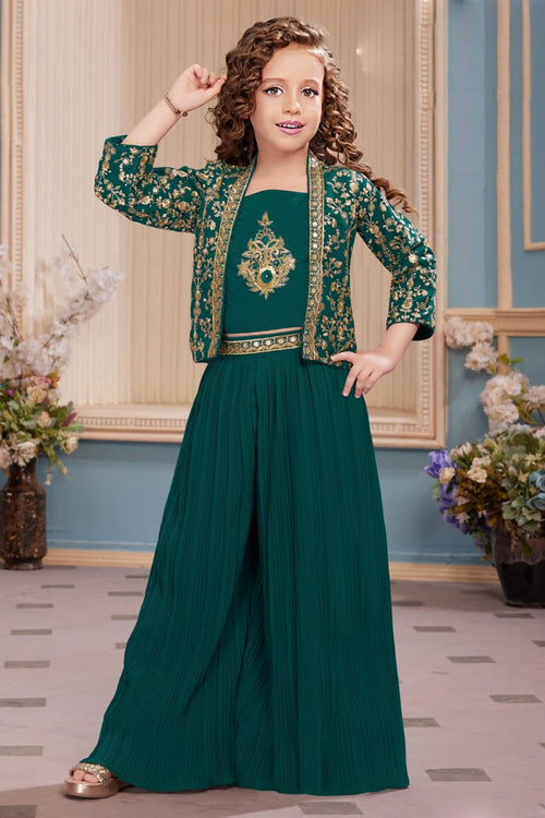 Green Stylish Crop Top With Fancy Palazzo And Jacket For Girls