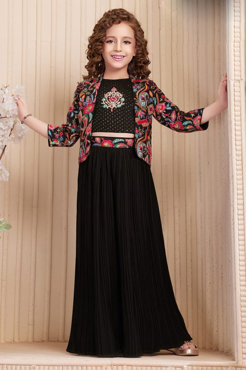 Black Stylish Crop Top With Fancy Palazzo And Jacket For Girls