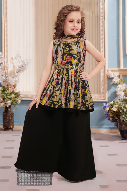 Black Style Peplum Top Georgette Fabric With Palazzo Set For Girls
