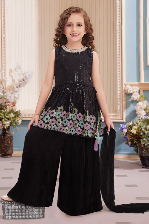 Black Georgette Sequins Embroidered Palazzo Suit With Dupatta For Girls