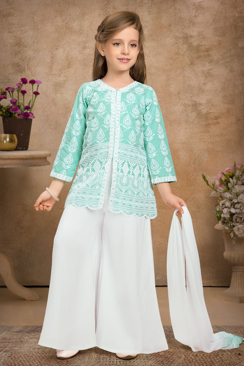 Turquoise Cotton Chikankari Embroidery Stylish Kurti with Palazzo Set For Girls