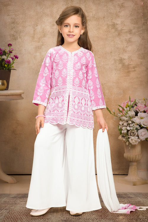 Pink Cotton Chikankari Embroidery Stylish Kurti with Palazzo Set For Girls