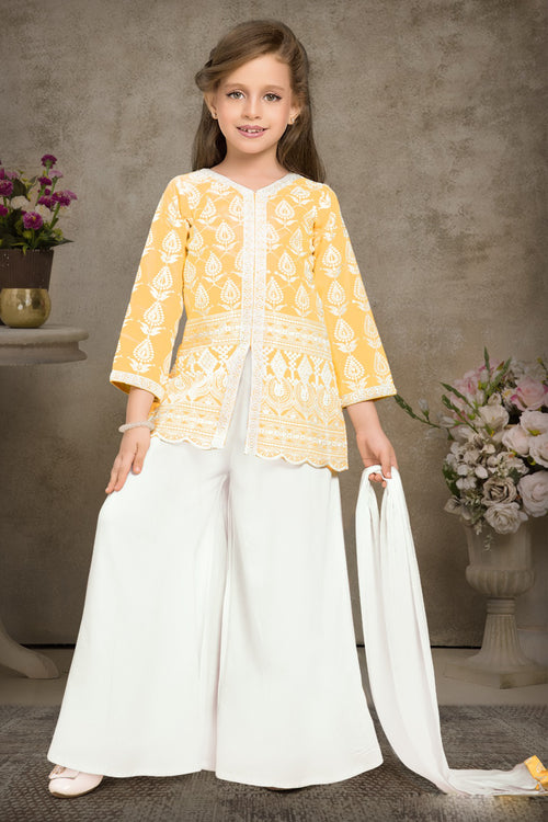 Yellow Cotton Chikankari Embroidery Stylish Kurti with Palazzo Set For Girls