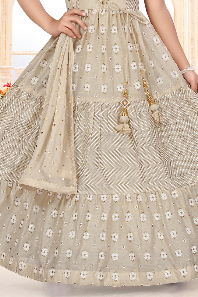 Beige Color In Fancy Printed Gown For Girls