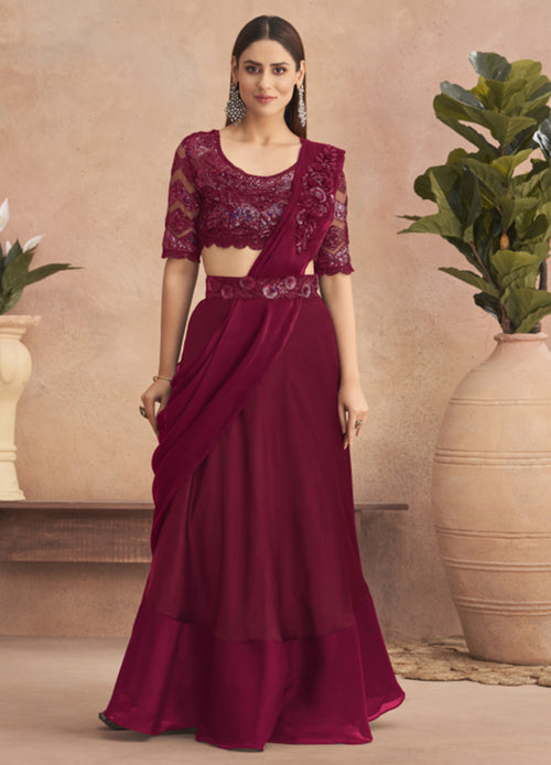 Cherry Red Ready Pleated Saree In Georgette With Full Sleeves Blouse And Chunky Embroidered Belt