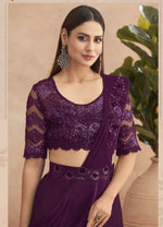 Hollyhock Purple Ready Pleated Saree In Georgette With Full Sleeves Blouse And Chunky Embroidered Belt