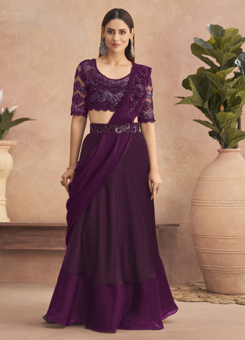 Hollyhock Purple Ready Pleated Saree In Georgette With Full Sleeves Blouse And Chunky Embroidered Belt