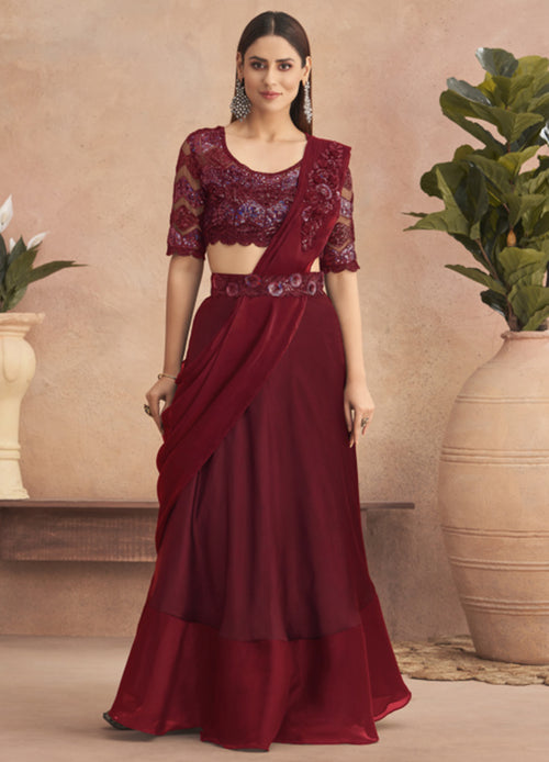 Brown Ready Pleated Saree In Georgette With Full Sleeves Blouse And Chunky Embroidered Belt