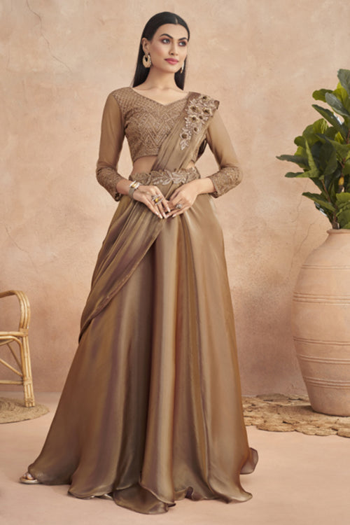 Brown Ready Pleated Satin Lehenga Style Saree And Heavy Work Blouse Piece