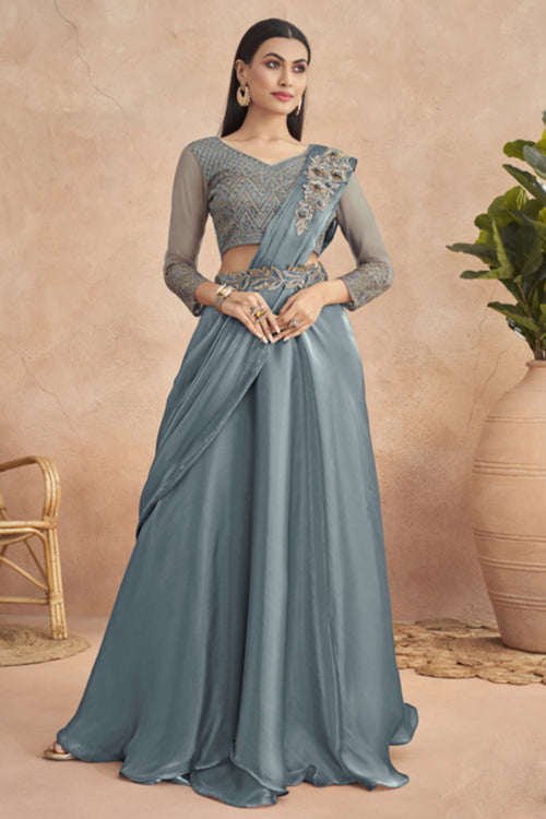 Grey Ready Pleated Satin Lehenga Style Saree And Heavy Work Blouse Piece